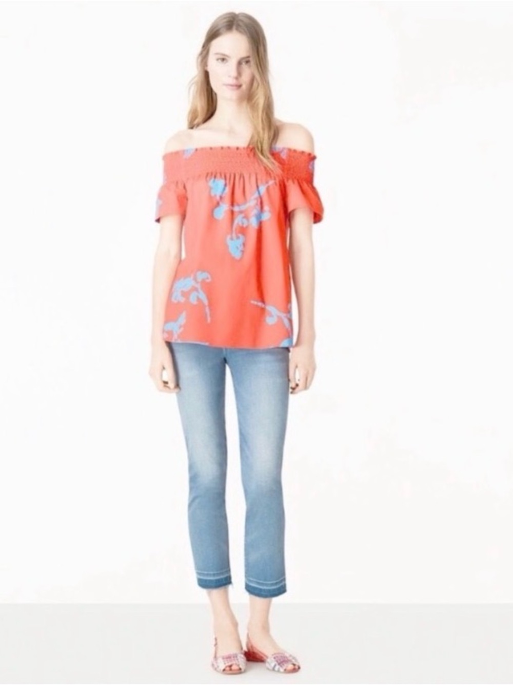 Tory Burch Eliza poppy red off the shoulder blouse beautiful floral shirt sz6